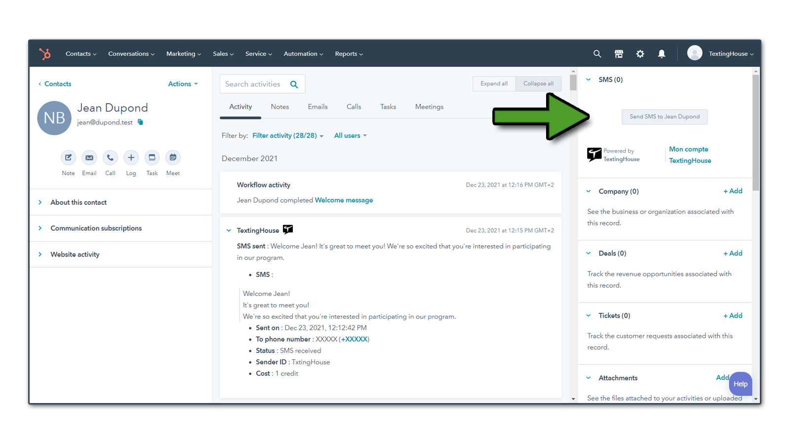 Direct SMS sending is also possible from a Company page